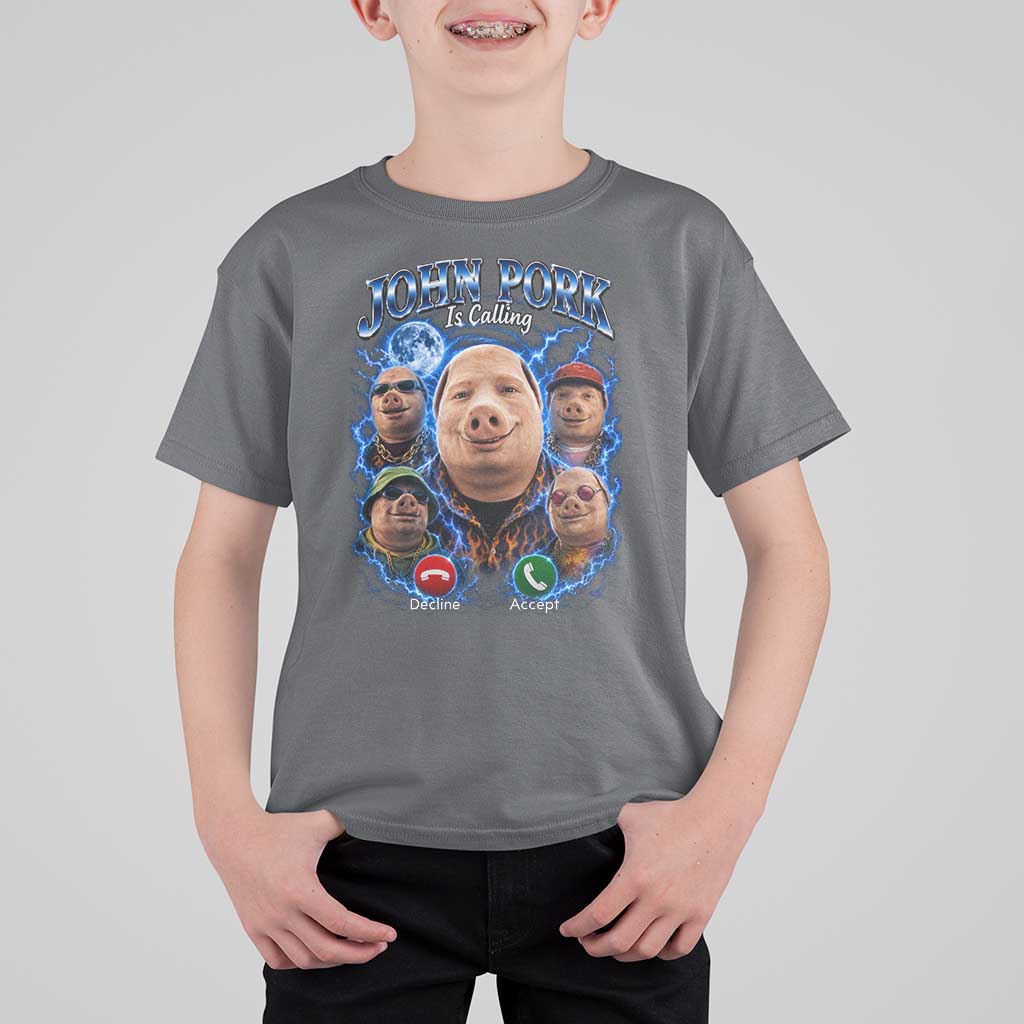 John Pork Calling T Shirt For Kid Funny Answer Call Phone Brainrot Meme Vintage Bootleg Graphic
