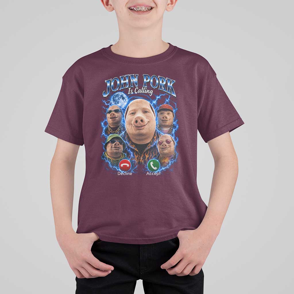 John Pork Calling T Shirt For Kid Funny Answer Call Phone Brainrot Meme Vintage Bootleg Graphic