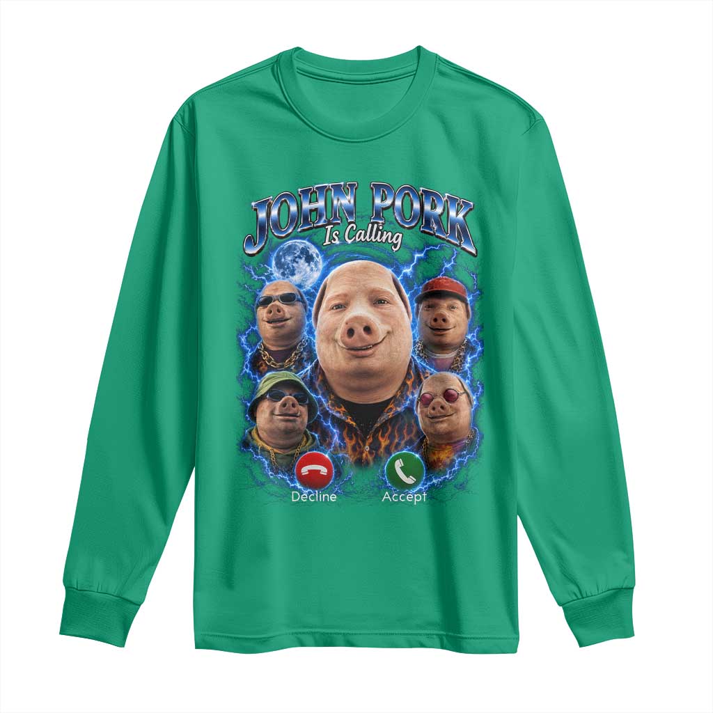 John Pork Calling Long Sleeve Shirt Funny Answer Call Phone Brainrot Meme Vintage Bootleg Graphic