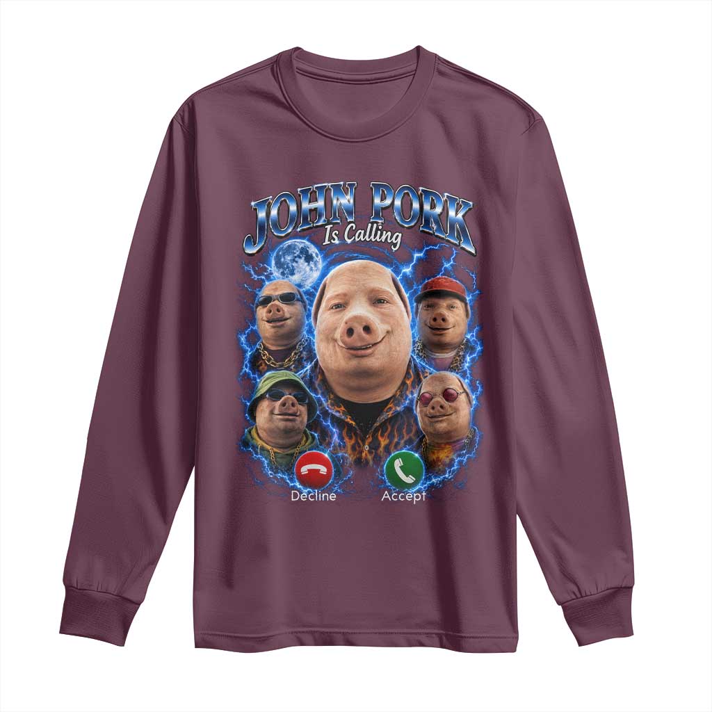 John Pork Calling Long Sleeve Shirt Funny Answer Call Phone Brainrot Meme Vintage Bootleg Graphic