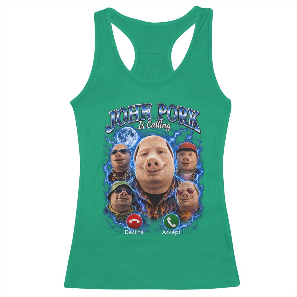 John Pork Calling Racerback Tank Top Funny Answer Call Phone Brainrot Meme Vintage Bootleg Graphic