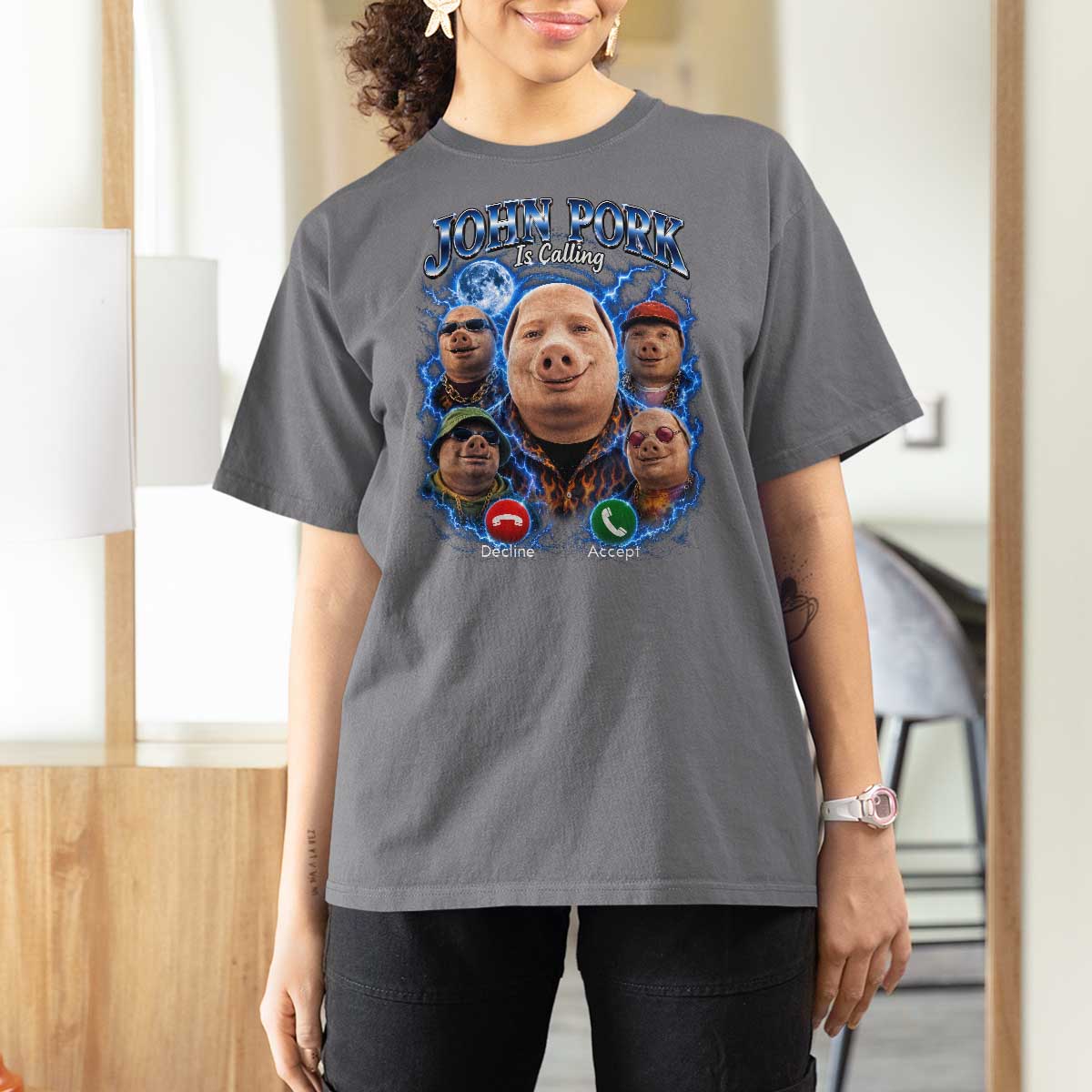 John Pork Calling T Shirt For Women Funny Answer Call Phone Brainrot Meme Vintage Bootleg Graphic