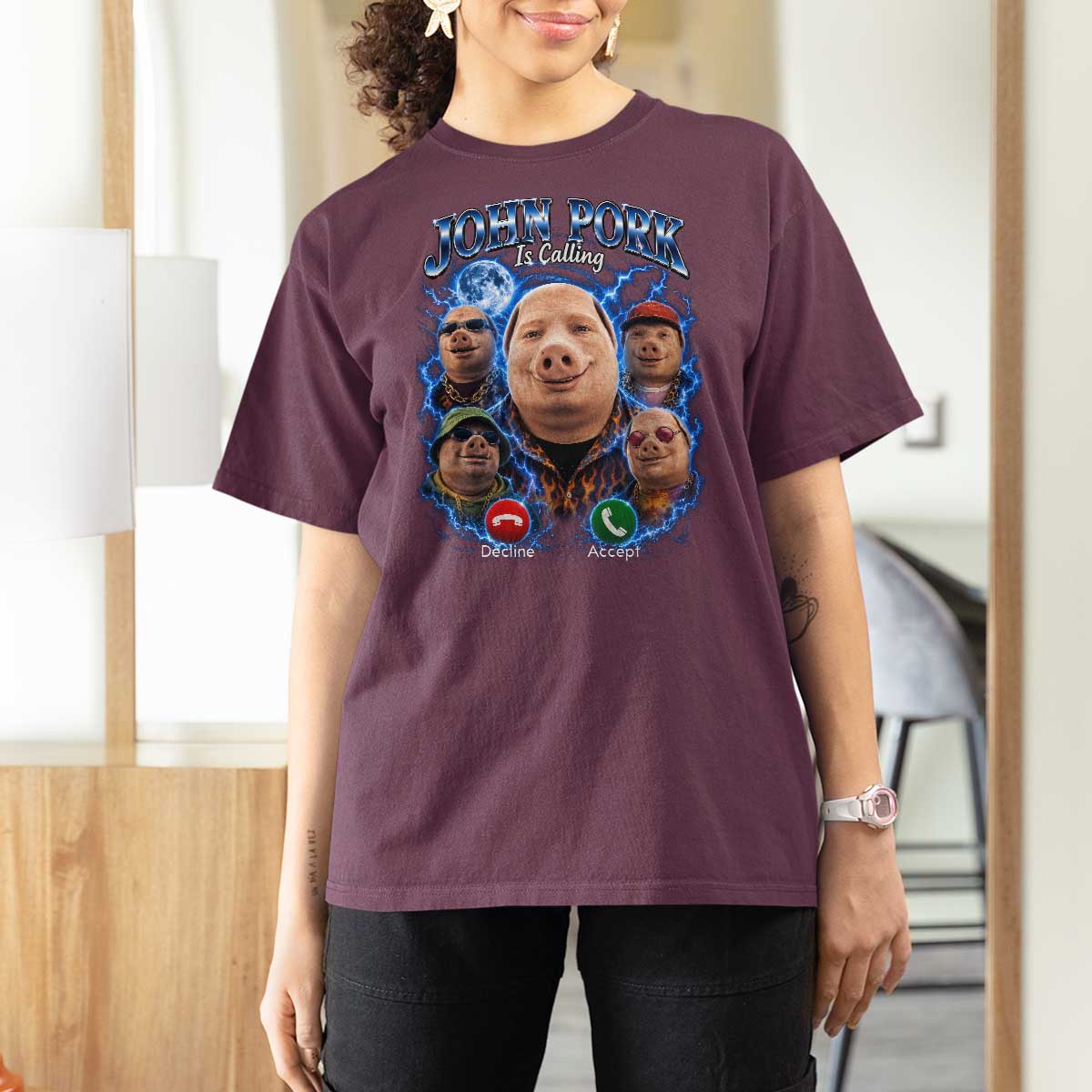 John Pork Calling T Shirt For Women Funny Answer Call Phone Brainrot Meme Vintage Bootleg Graphic