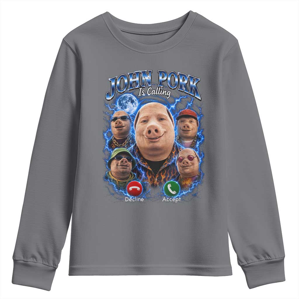 John Pork Calling Youth Sweatshirt Funny Answer Call Phone Brainrot Meme Vintage Bootleg Graphic