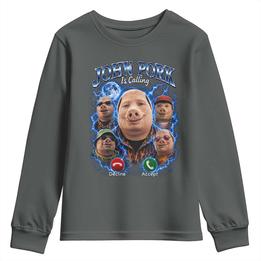 John Pork Calling Youth Sweatshirt Funny Answer Call Phone Brainrot Meme Vintage Bootleg Graphic