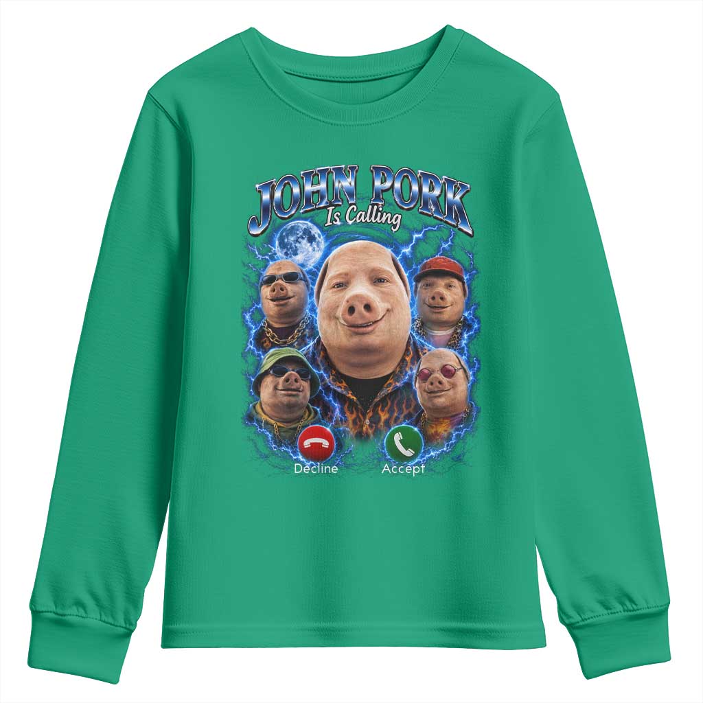 John Pork Calling Youth Sweatshirt Funny Answer Call Phone Brainrot Meme Vintage Bootleg Graphic