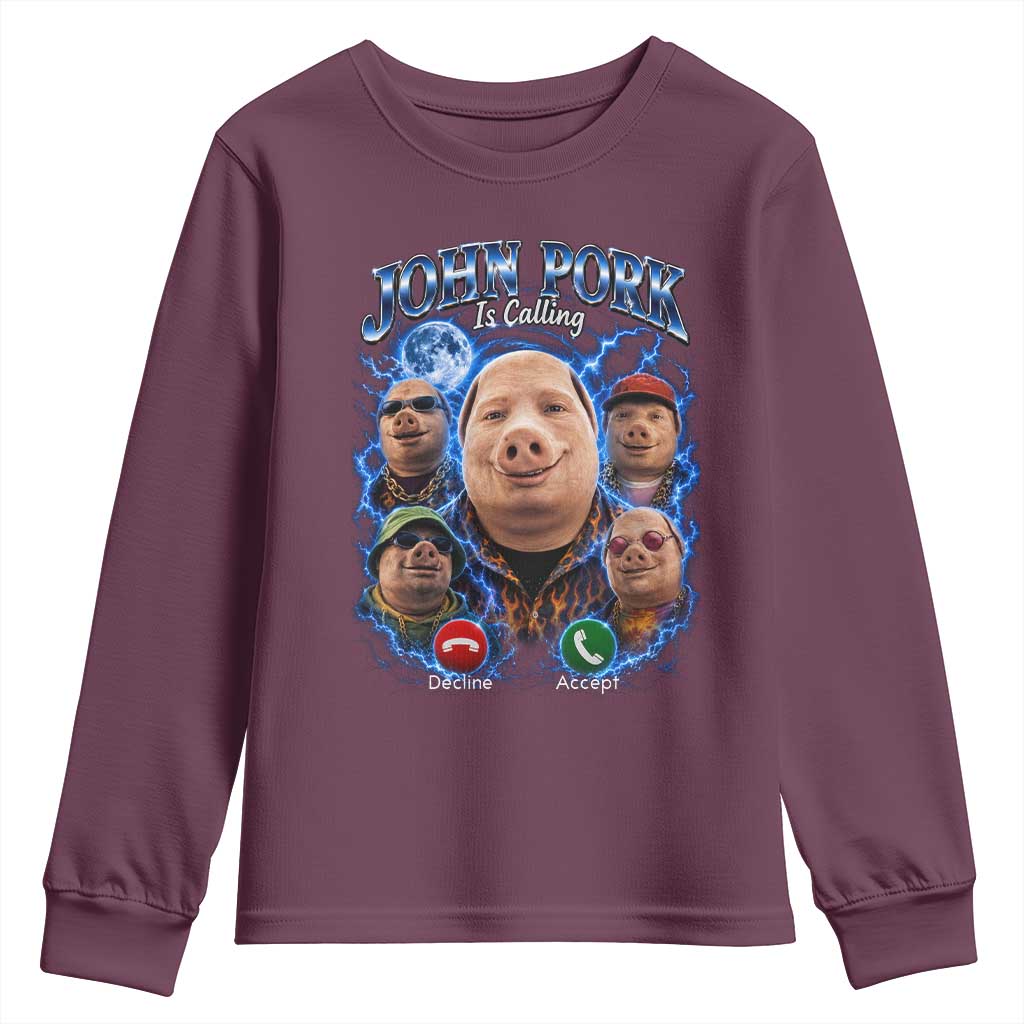 John Pork Calling Youth Sweatshirt Funny Answer Call Phone Brainrot Meme Vintage Bootleg Graphic