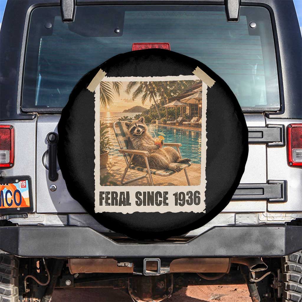 Funny Raccoon Feral Since 1936 90th Birthday Spare Tire Cover Vintage 90 Year Old Gift