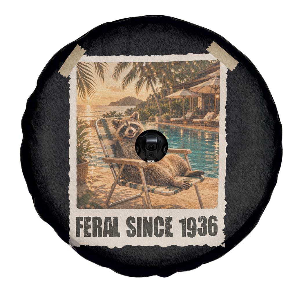 Funny Raccoon Feral Since 1936 90th Birthday Spare Tire Cover Vintage 90 Year Old Gift