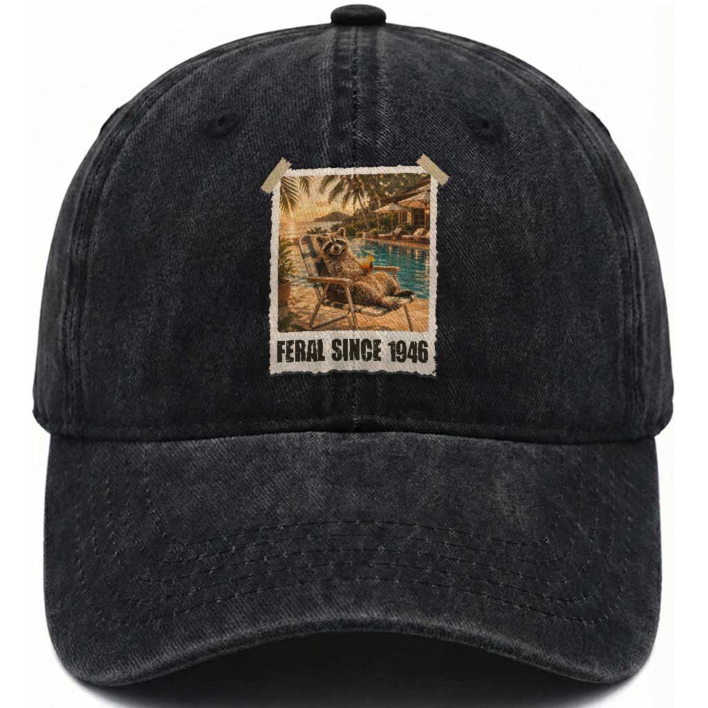 Funny Raccoon Feral Since 1946 80th Birthday Washed Cotton Baseball Cap Vintage 80 Year Old Gift