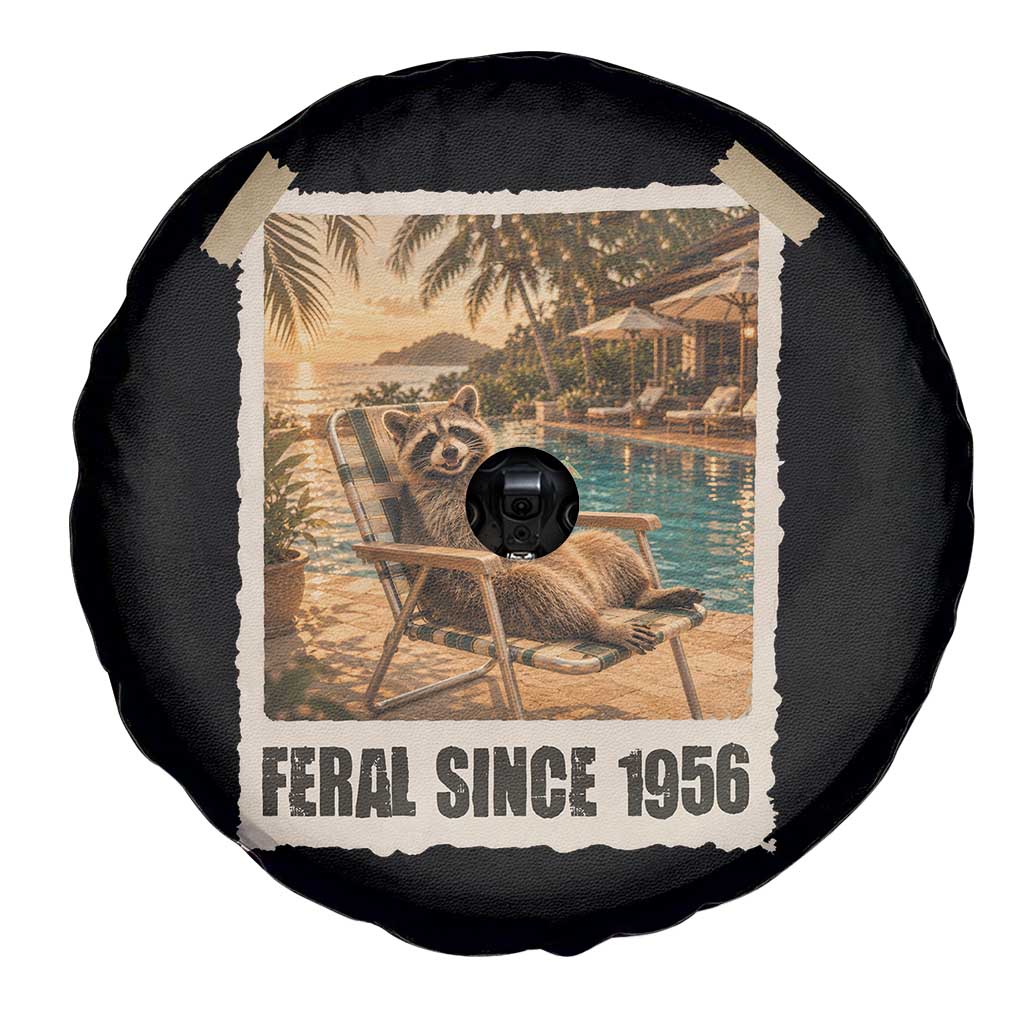 Funny Raccoon Feral Since 1956 70th Birthday Spare Tire Cover Vintage 70 Year Old Gift