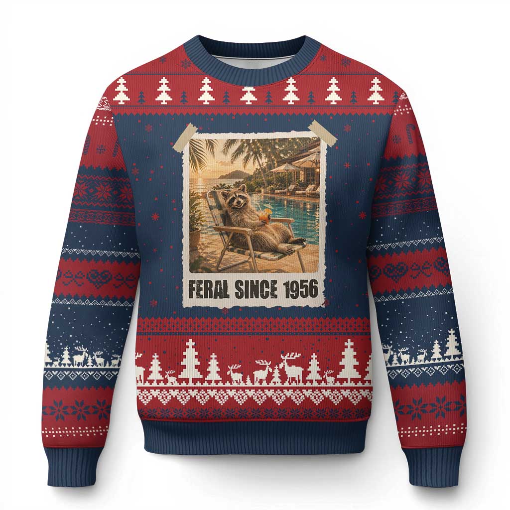 Funny Raccoon Feral Since 1956 70th Birthday Ugly Christmas Sweater Vintage 70 Year Old Gift
