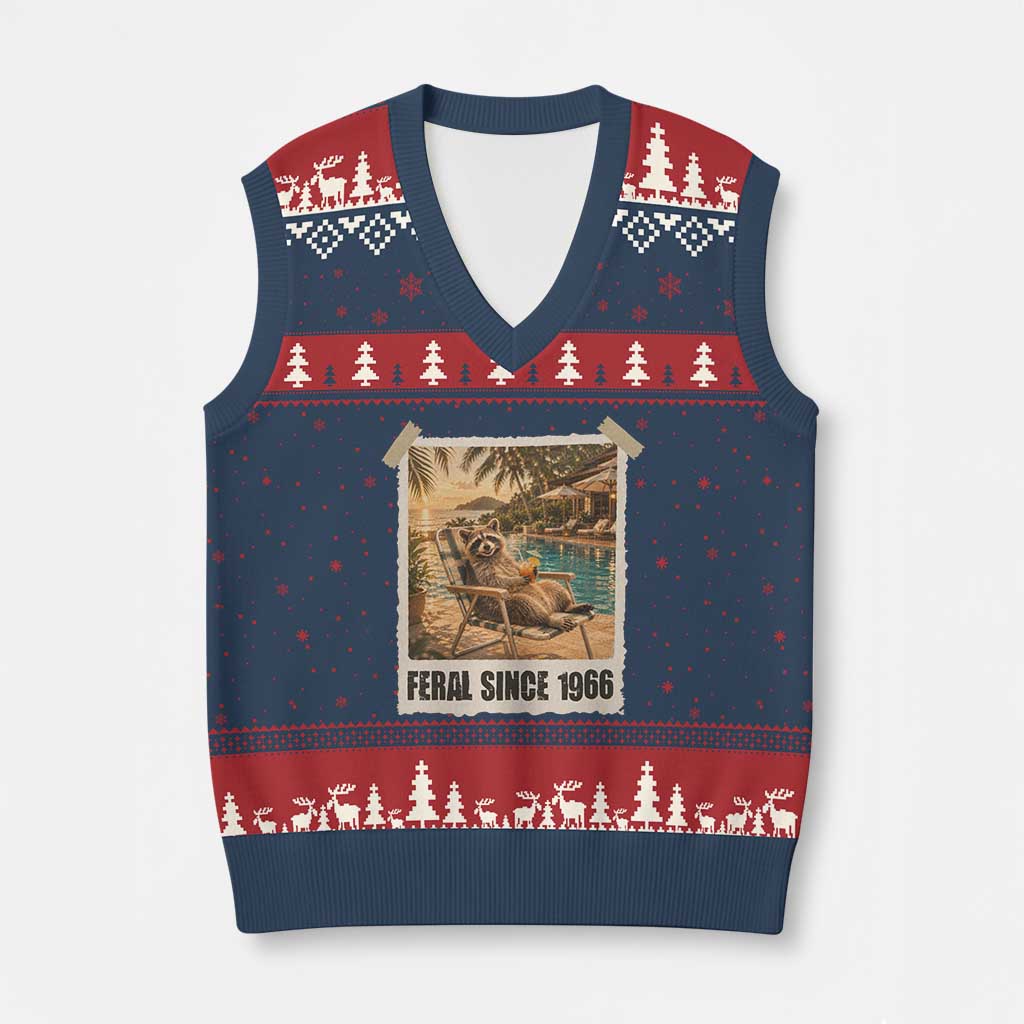Funny Raccoon Feral Since 1966 60th Birthday V-Neck Knit Sweater Vest Vintage 60 Year Old Gift