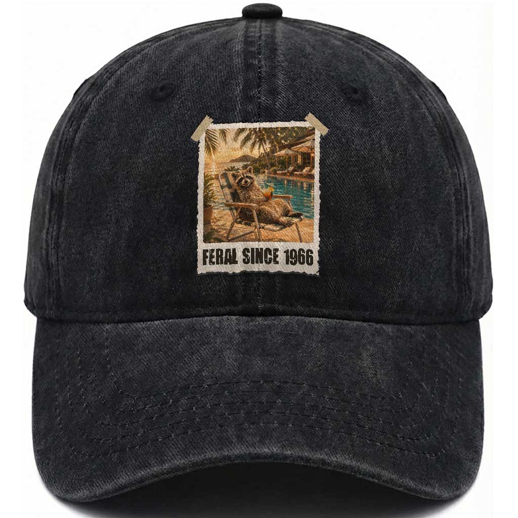 Funny Raccoon Feral Since 1966 60th Birthday Washed Cotton Baseball Cap Vintage 60 Year Old Gift