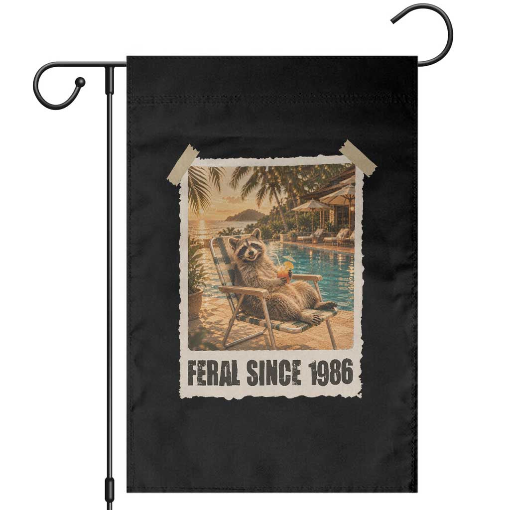 Funny Raccoon Feral Since 1986 40th Birthday Garden Flag Vintage 40 Year Old Gift