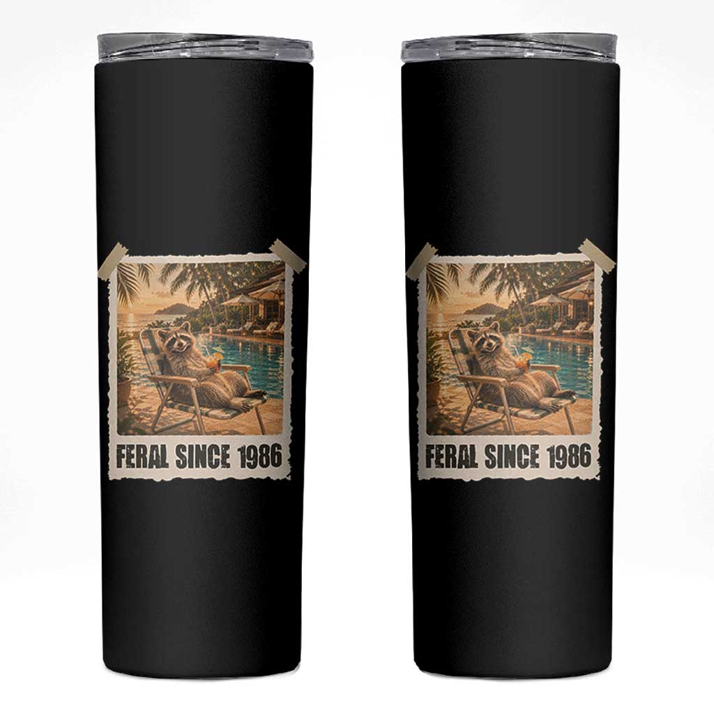Funny Raccoon Feral Since 1986 40th Birthday Skinny Tumbler Vintage 40 Year Old Gift