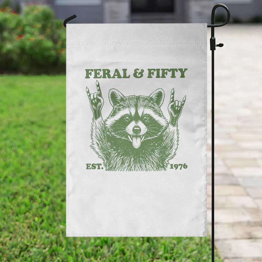 Raccoon 50th Birthday Garden Flag Funny Feral And Fifty Vintage 1976 50 Year Old Gift