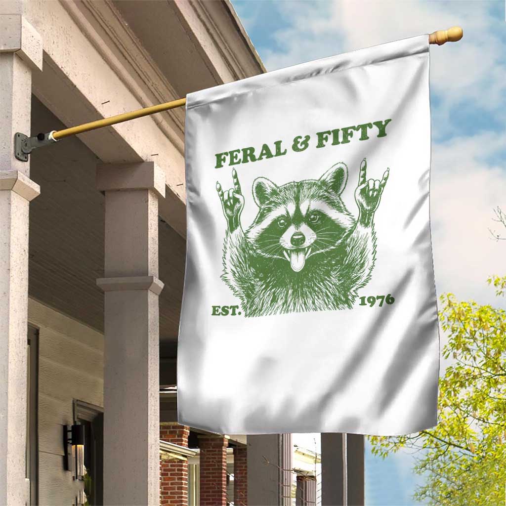Raccoon 50th Birthday Garden Flag Funny Feral And Fifty Vintage 1976 50 Year Old Gift