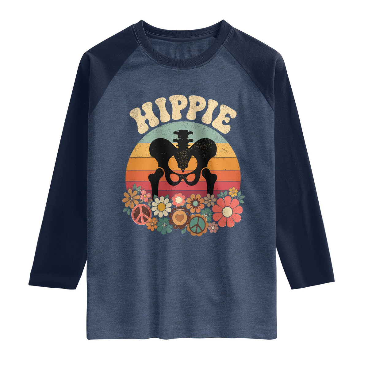 Hip Replacement Recovery Raglan Shirt Hippie 70s Retro Sunset Floral Anatomy Graphic