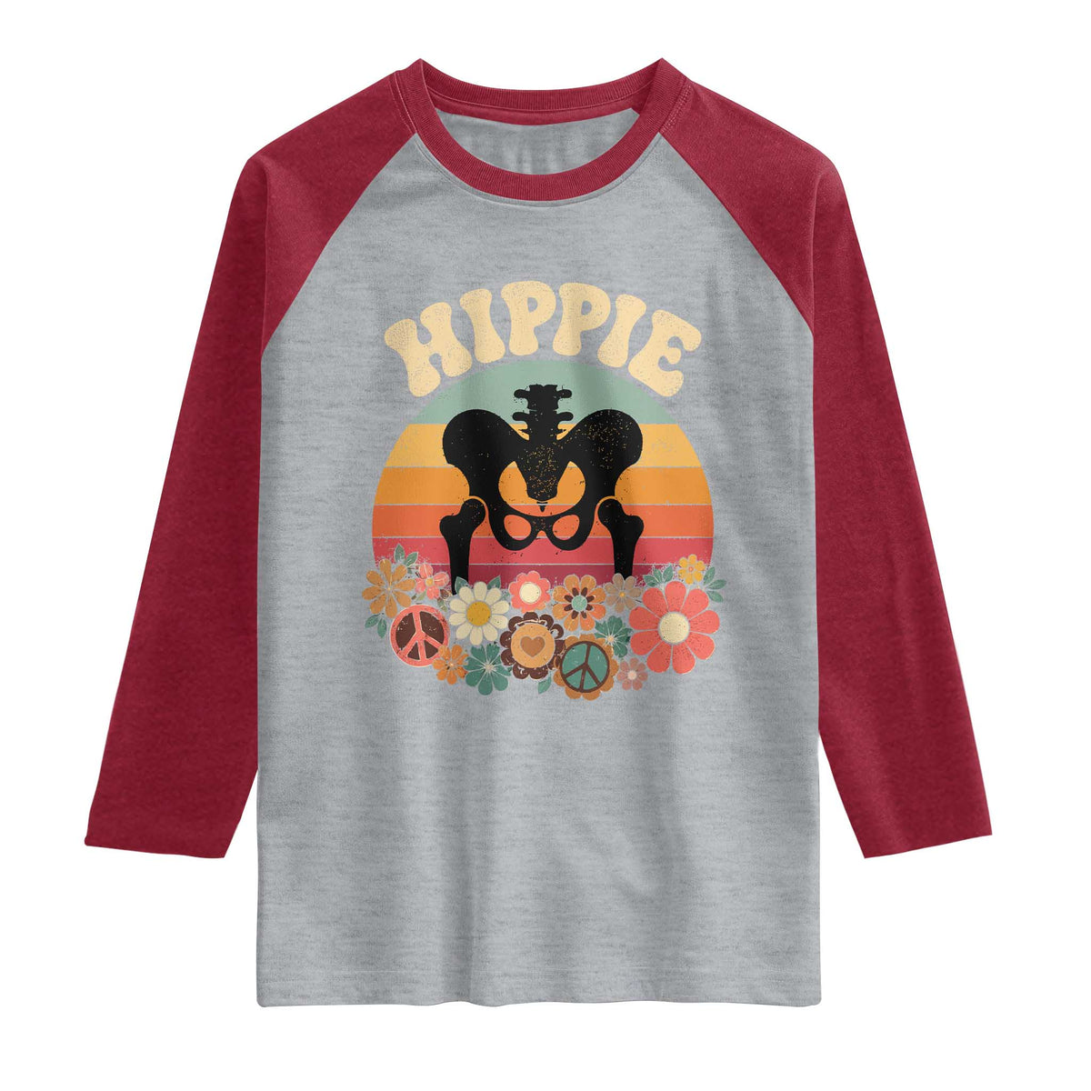 Hip Replacement Recovery Raglan Shirt Hippie 70s Retro Sunset Floral Anatomy Graphic