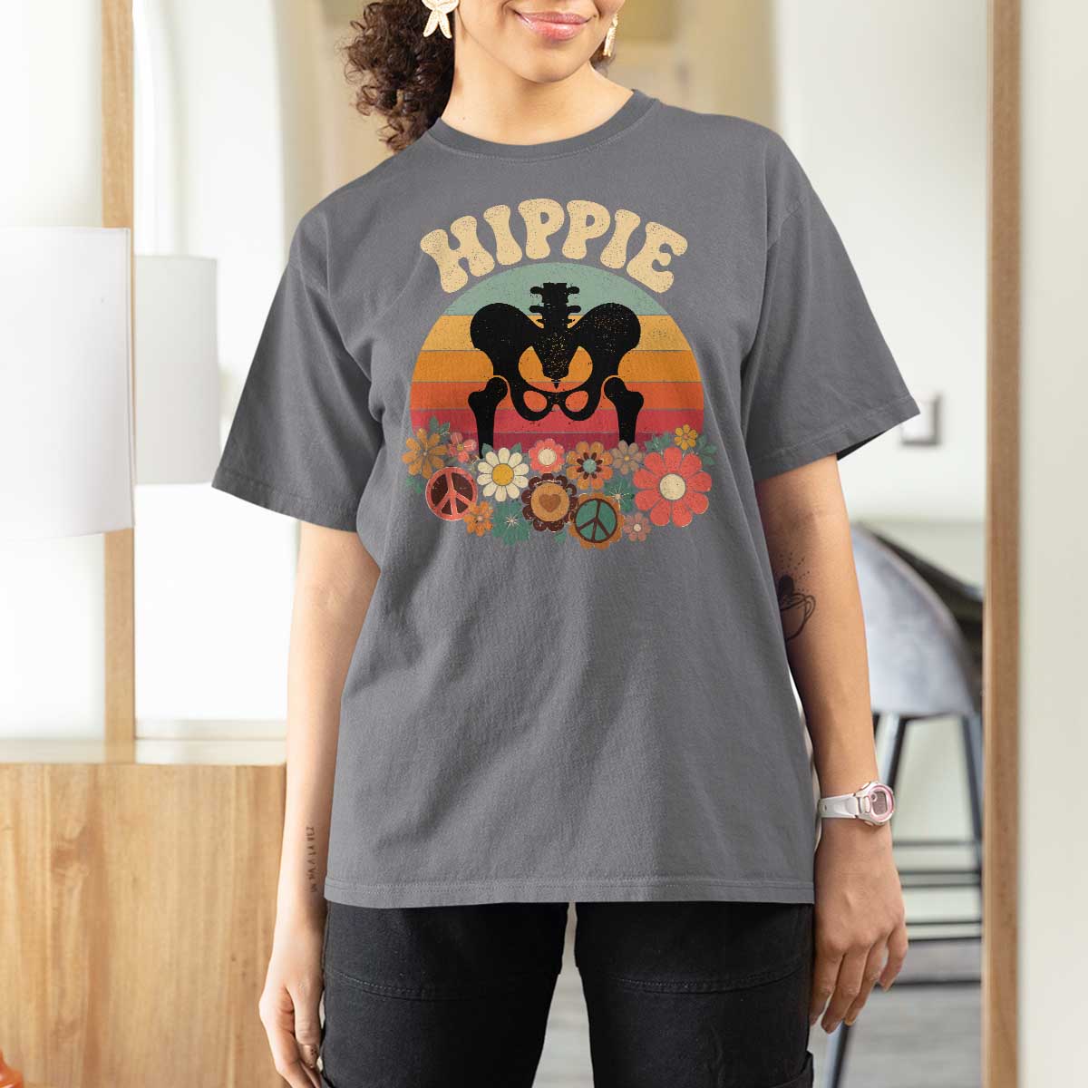 Hip Replacement Recovery T Shirt For Women Hippie 70s Retro Sunset Floral Anatomy Graphic