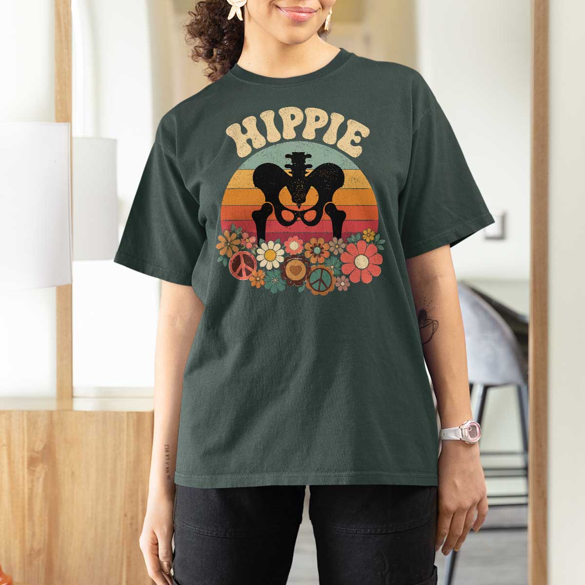 Hip Replacement Recovery T Shirt For Women Hippie 70s Retro Sunset Floral Anatomy Graphic