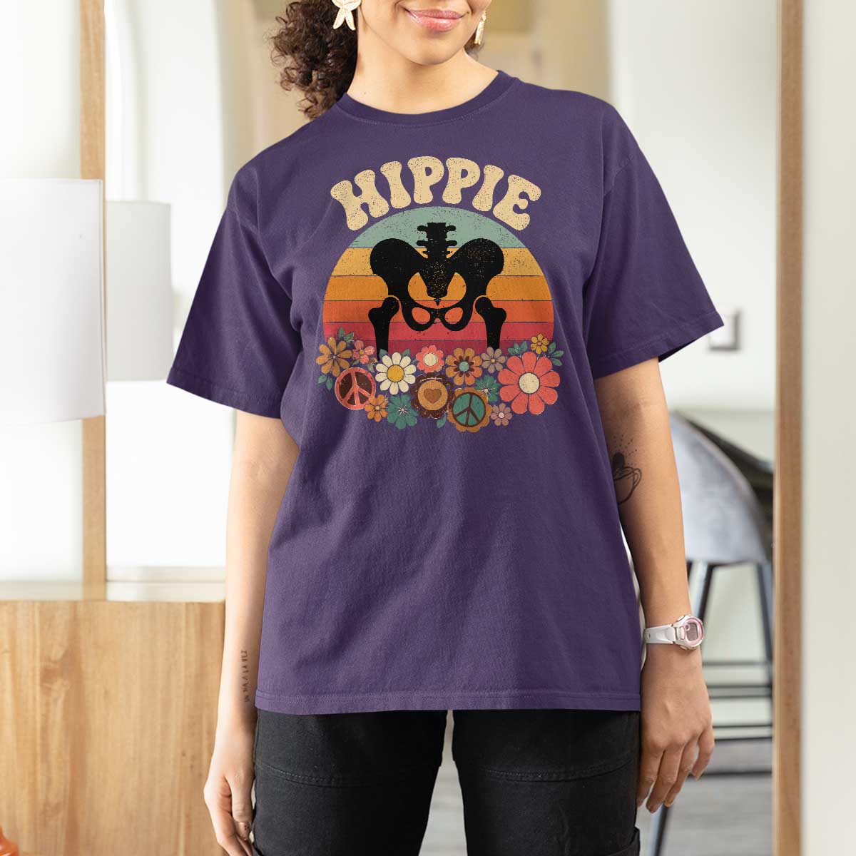 Hip Replacement Recovery T Shirt For Women Hippie 70s Retro Sunset Floral Anatomy Graphic
