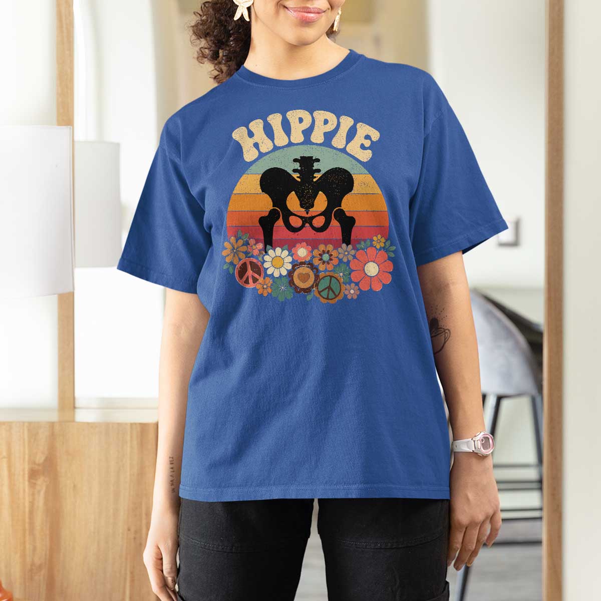 Hip Replacement Recovery T Shirt For Women Hippie 70s Retro Sunset Floral Anatomy Graphic