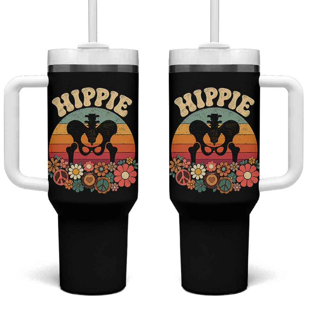Hip Replacement Recovery Tumbler With Handle Hippie 70s Retro Sunset Floral Anatomy Graphic