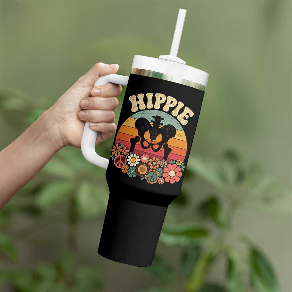Hip Replacement Recovery Tumbler With Handle Hippie 70s Retro Sunset Floral Anatomy Graphic
