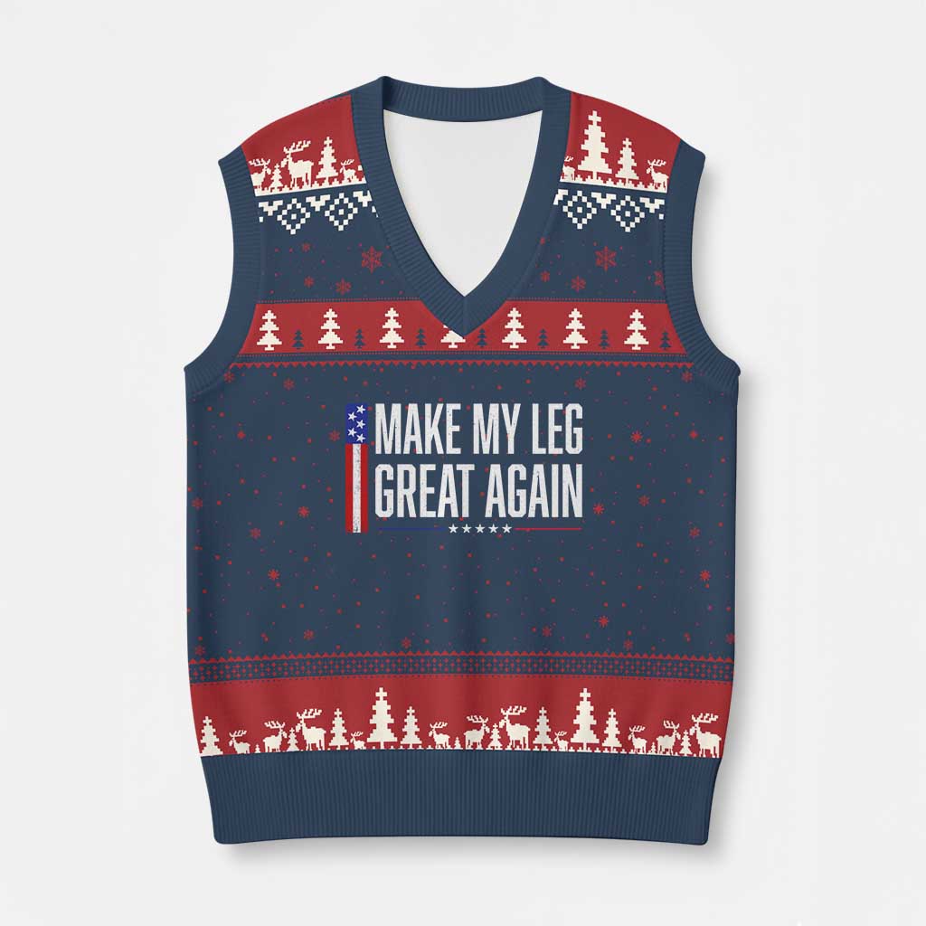 Make My Leg Great Again Funny Broken Leg Surgery Recovery V-Neck Knit Sweater Vest Vintage USA Flag Patriotic