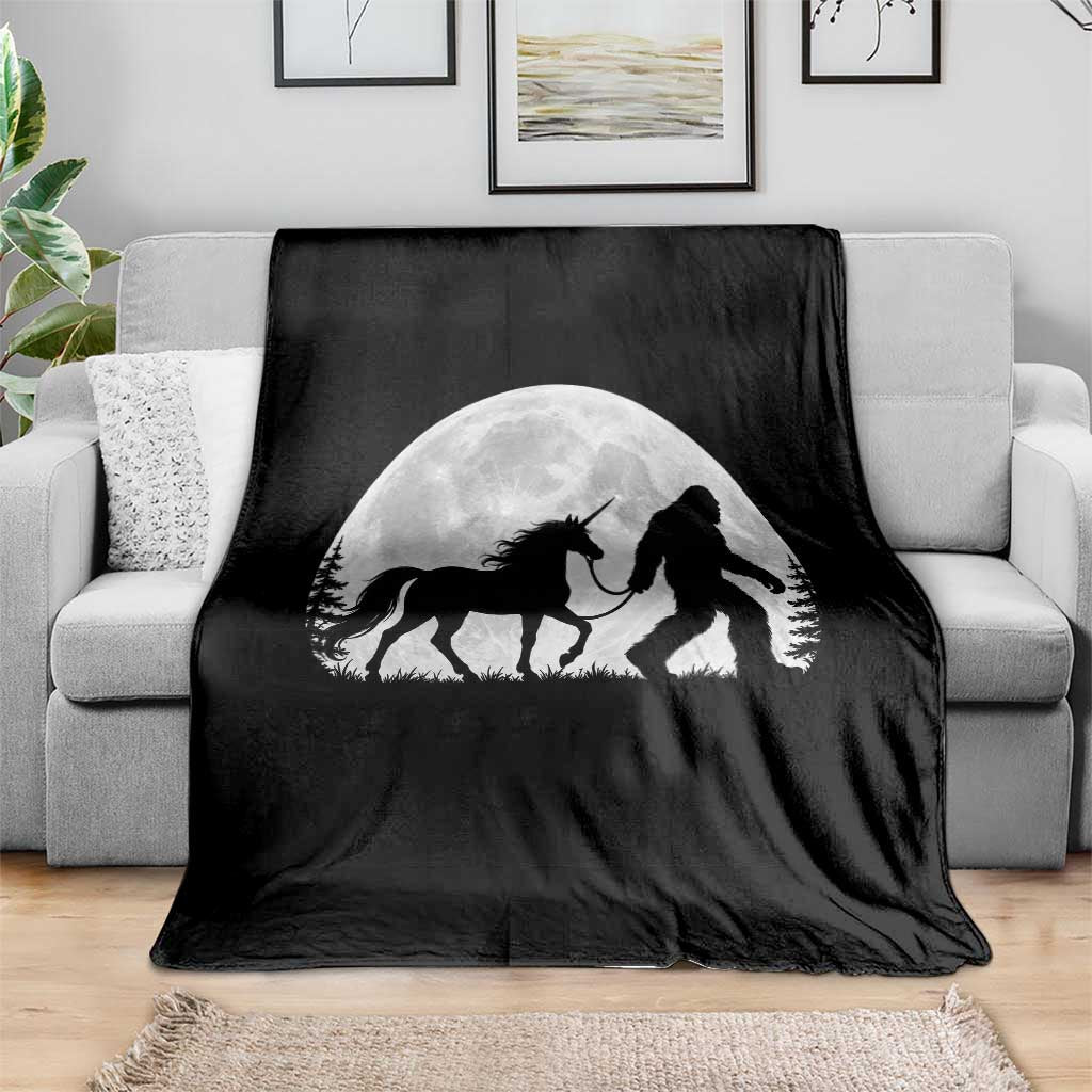 Bigfoot Walking Unicorn Throw Blanket Full Moon Sasquatch Fantasy Forest Silhouette