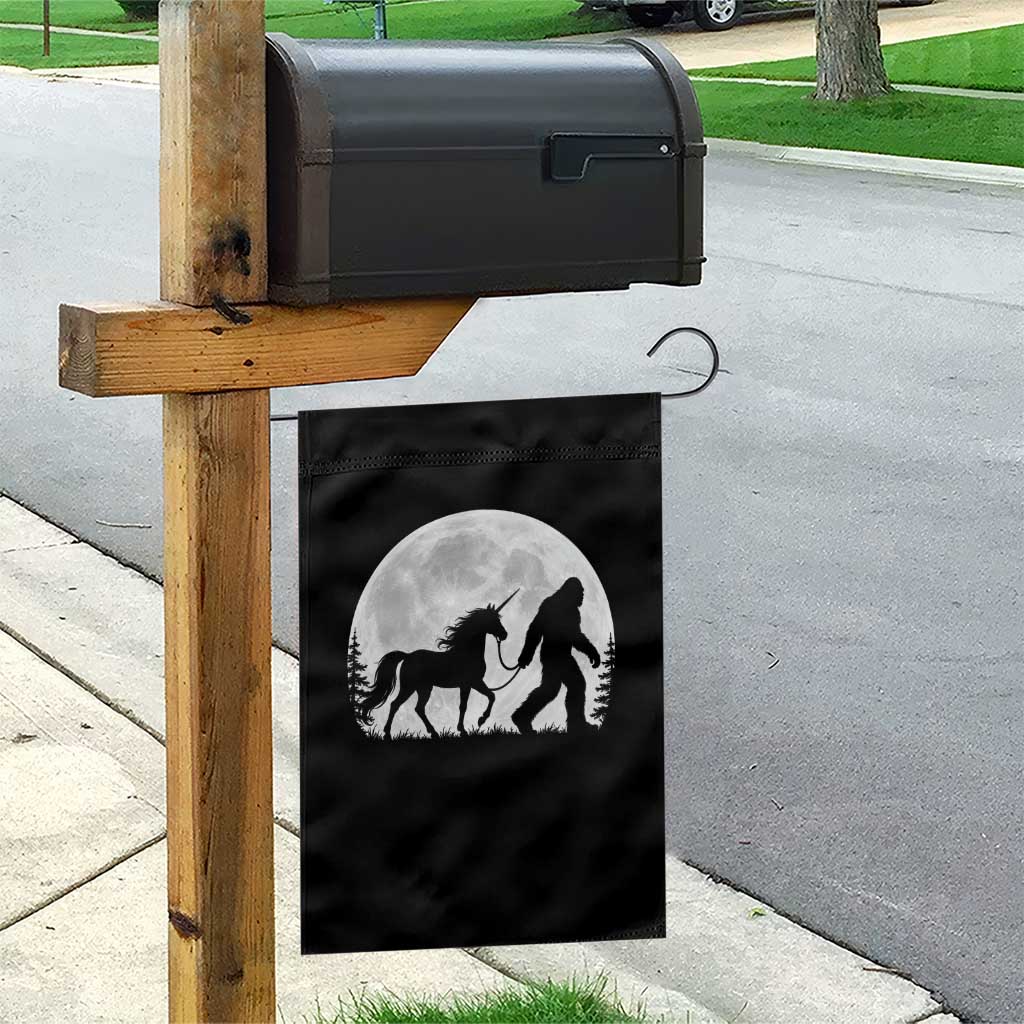 Bigfoot Walking Unicorn Garden Flag Full Moon Sasquatch Fantasy Forest Silhouette