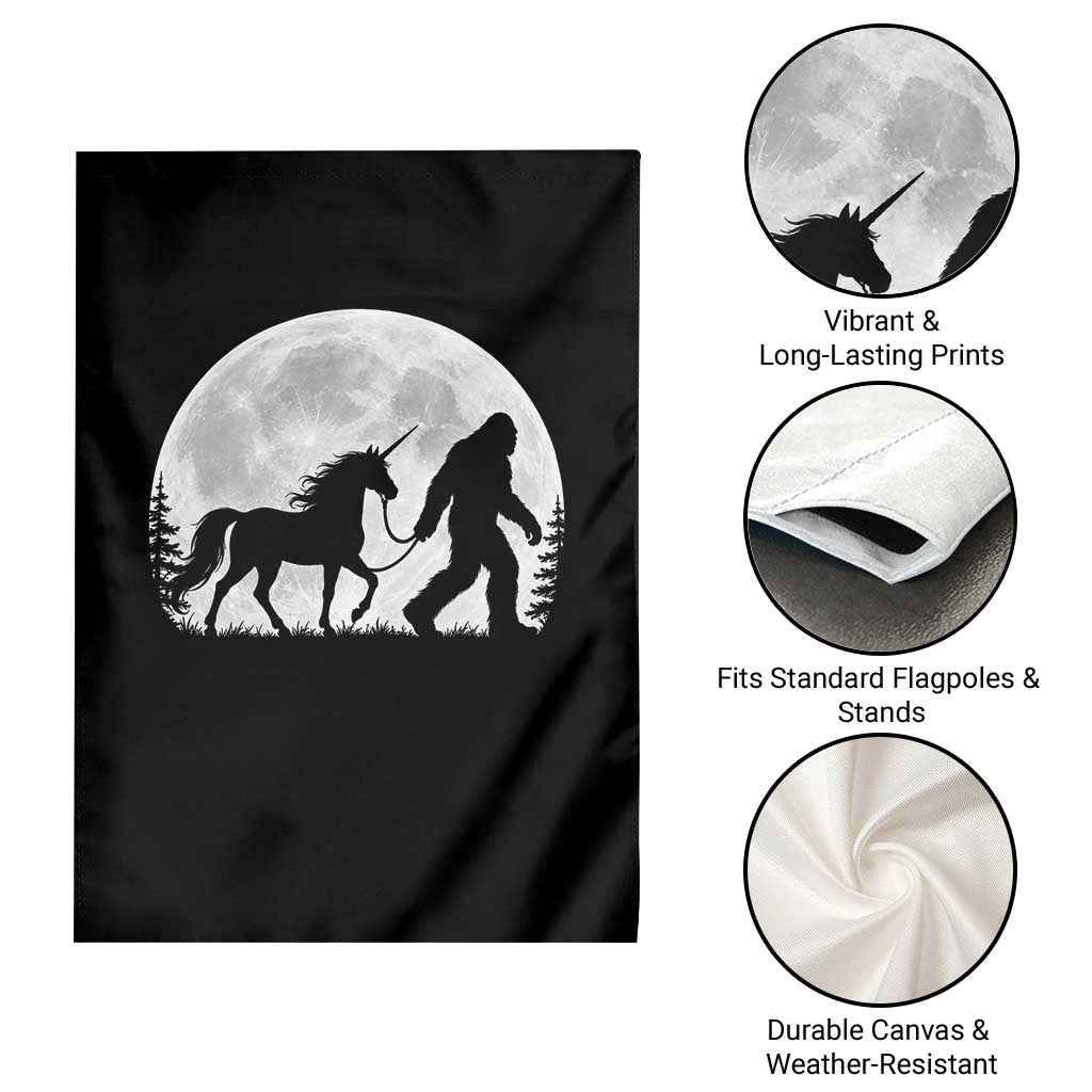 Bigfoot Walking Unicorn Garden Flag Full Moon Sasquatch Fantasy Forest Silhouette