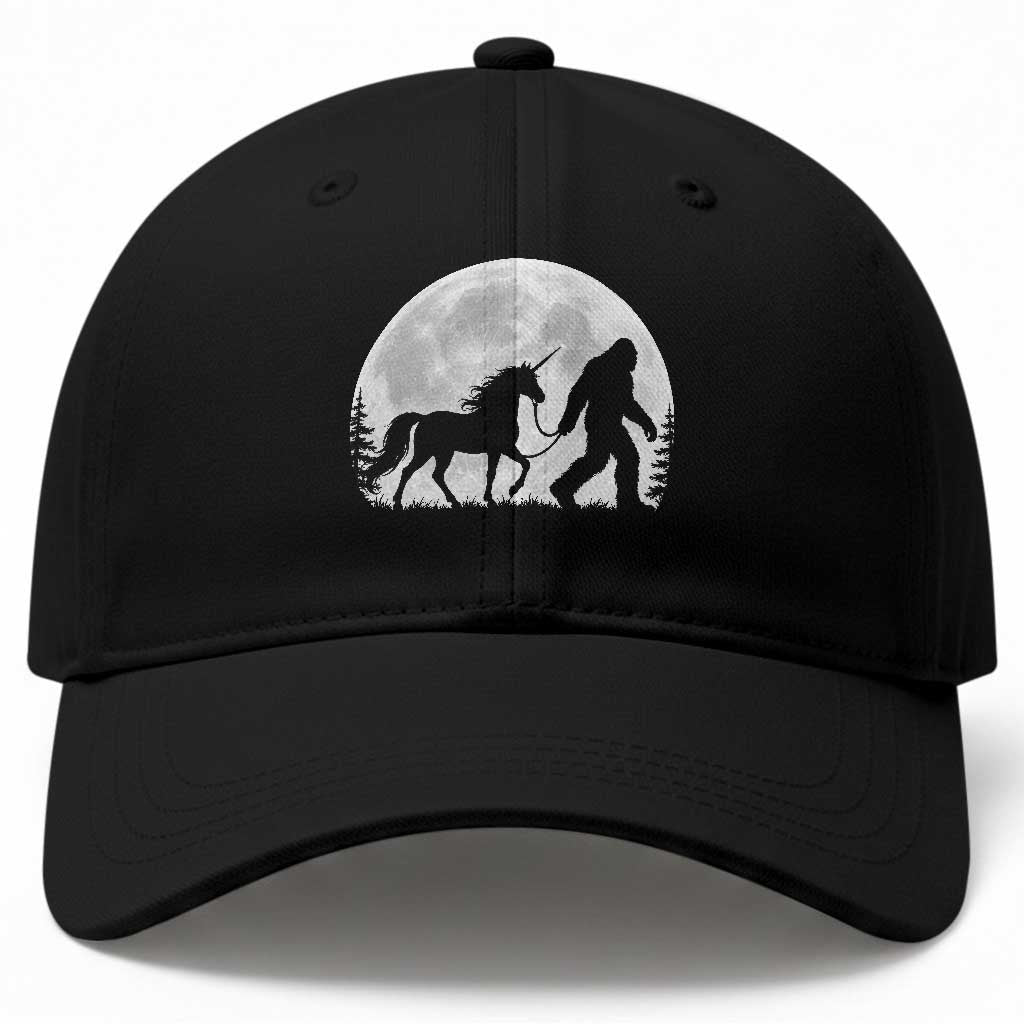 Bigfoot Walking Unicorn Baseball Cap Full Moon Sasquatch Fantasy Forest Silhouette