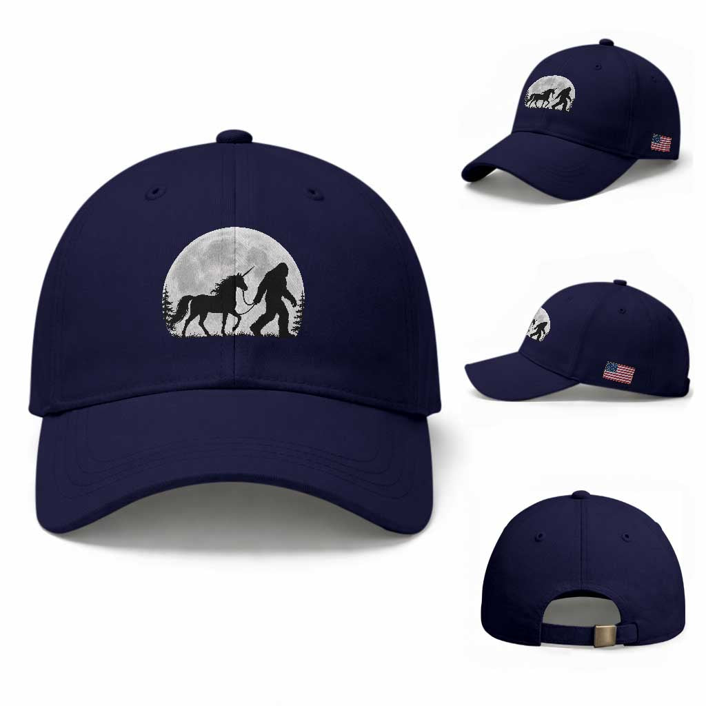 Bigfoot Walking Unicorn Baseball Cap Full Moon Sasquatch Fantasy Forest Silhouette