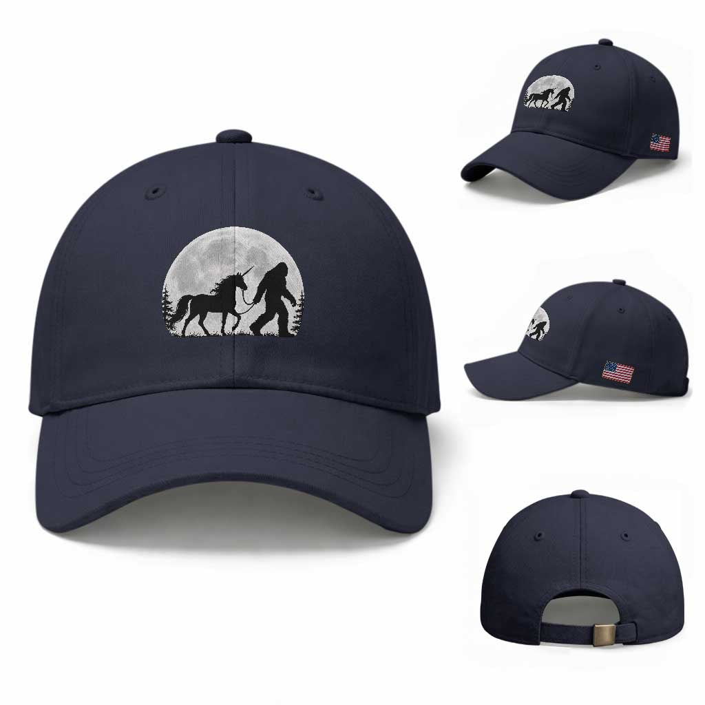 Bigfoot Walking Unicorn Baseball Cap Full Moon Sasquatch Fantasy Forest Silhouette