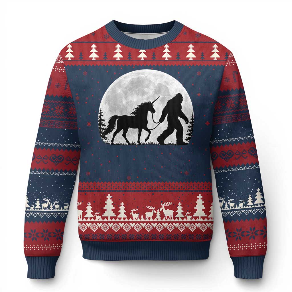 Bigfoot Walking Unicorn Ugly Christmas Sweater Full Moon Sasquatch Fantasy Forest Silhouette