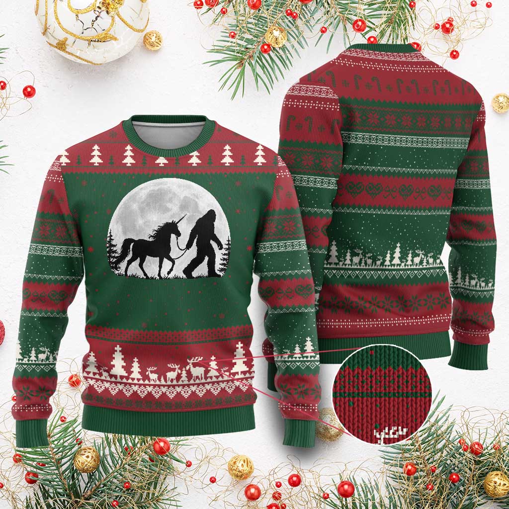 Bigfoot Walking Unicorn Ugly Christmas Sweater Full Moon Sasquatch Fantasy Forest Silhouette