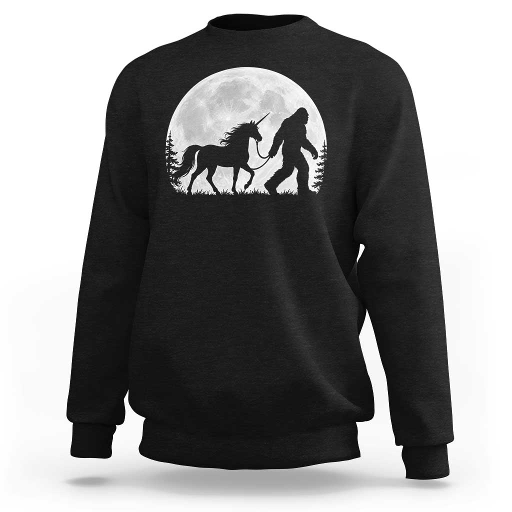 Bigfoot Walking Unicorn Sweatshirt Full Moon Sasquatch Fantasy Forest Silhouette