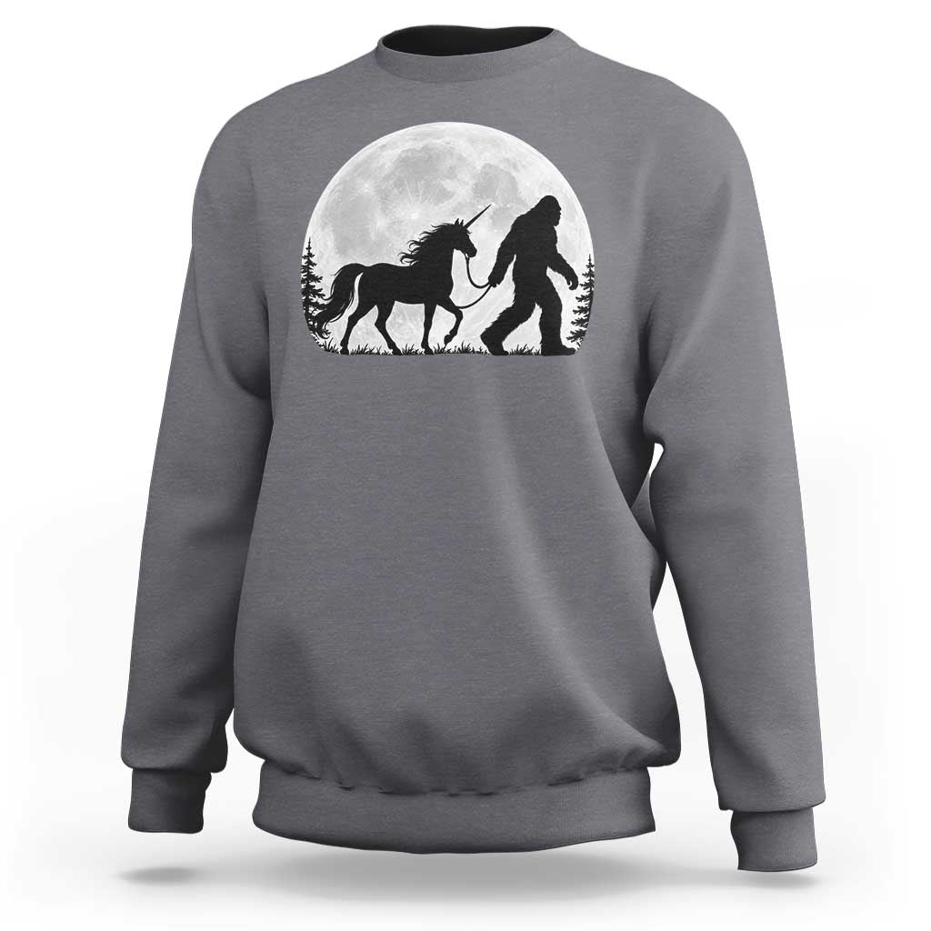 Bigfoot Walking Unicorn Sweatshirt Full Moon Sasquatch Fantasy Forest Silhouette