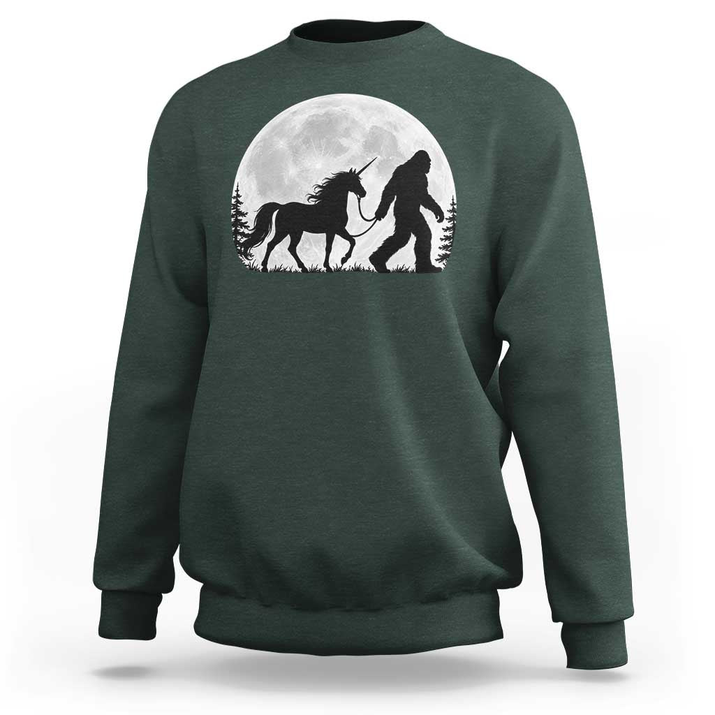 Bigfoot Walking Unicorn Sweatshirt Full Moon Sasquatch Fantasy Forest Silhouette