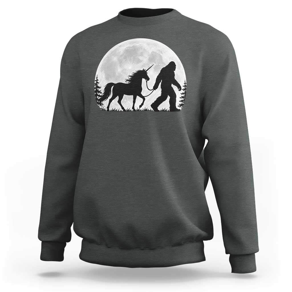 Bigfoot Walking Unicorn Sweatshirt Full Moon Sasquatch Fantasy Forest Silhouette