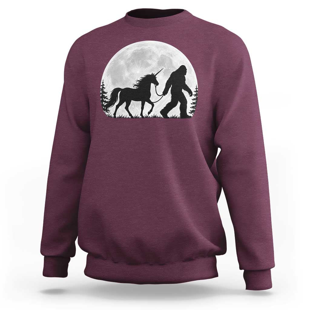 Bigfoot Walking Unicorn Sweatshirt Full Moon Sasquatch Fantasy Forest Silhouette