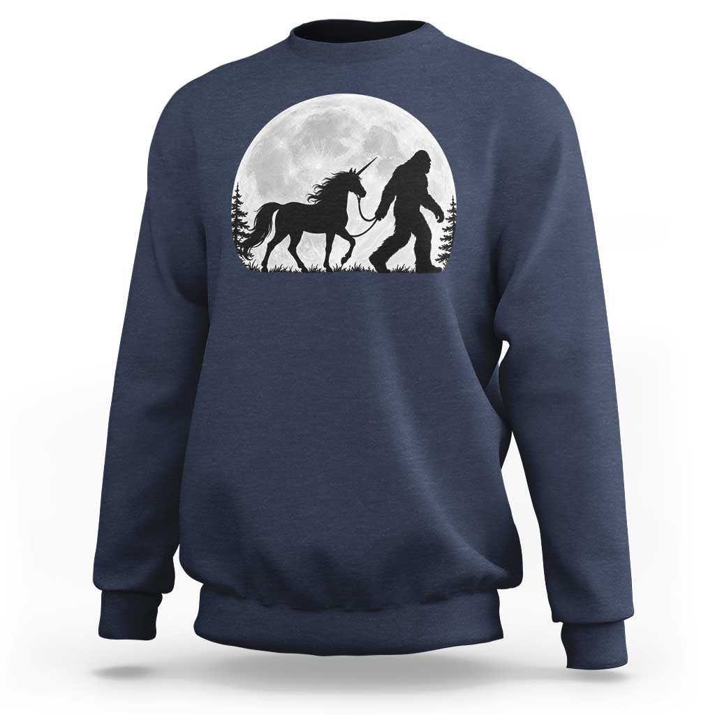 Bigfoot Walking Unicorn Sweatshirt Full Moon Sasquatch Fantasy Forest Silhouette