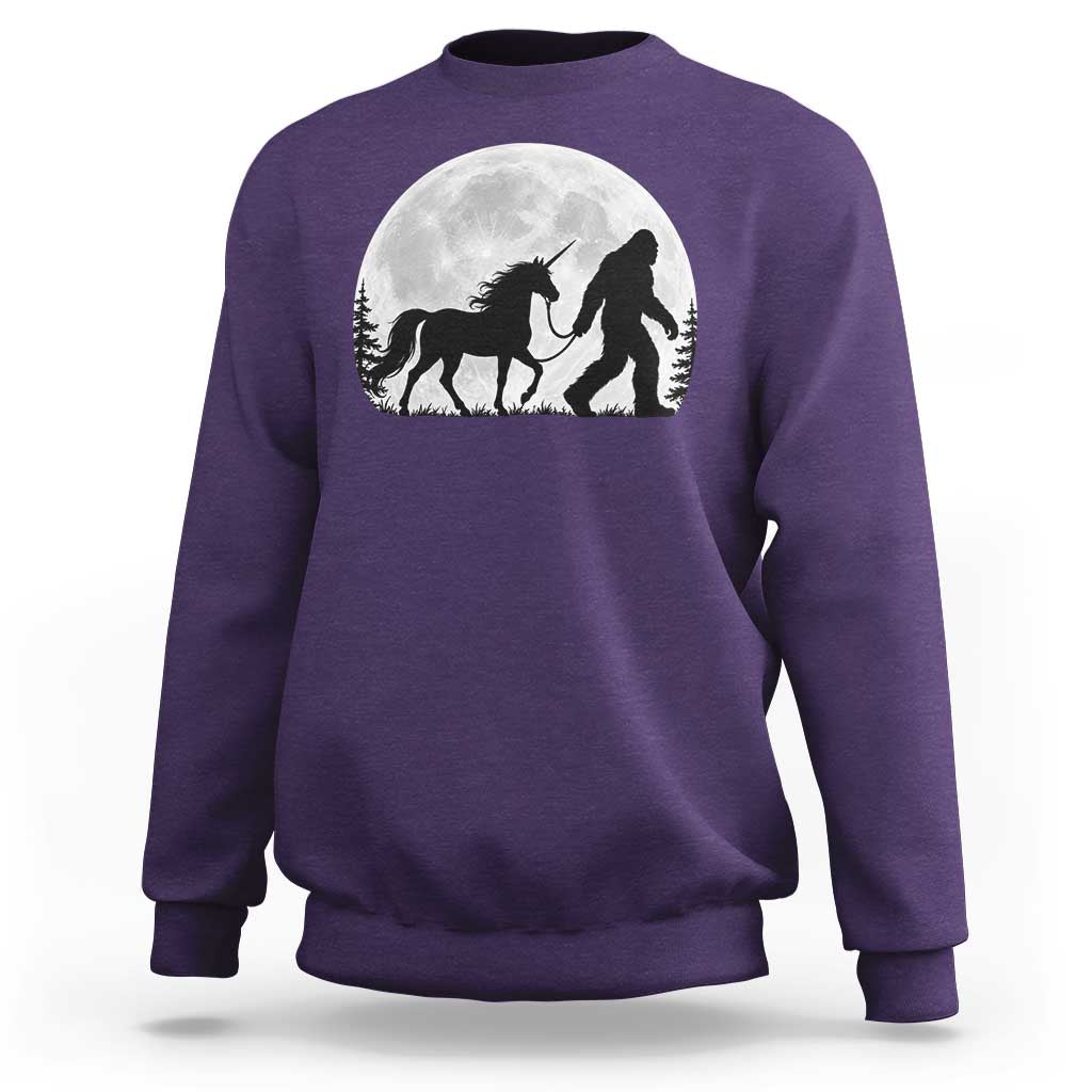 Bigfoot Walking Unicorn Sweatshirt Full Moon Sasquatch Fantasy Forest Silhouette