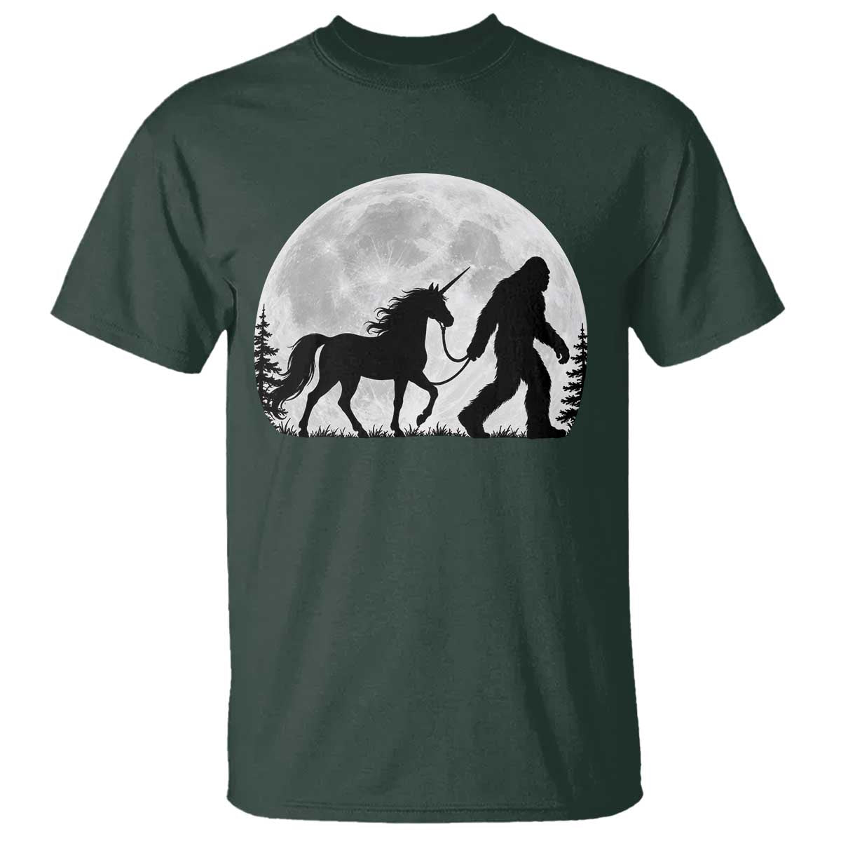 Bigfoot Walking Unicorn T Shirt Full Moon Sasquatch Fantasy Forest Silhouette