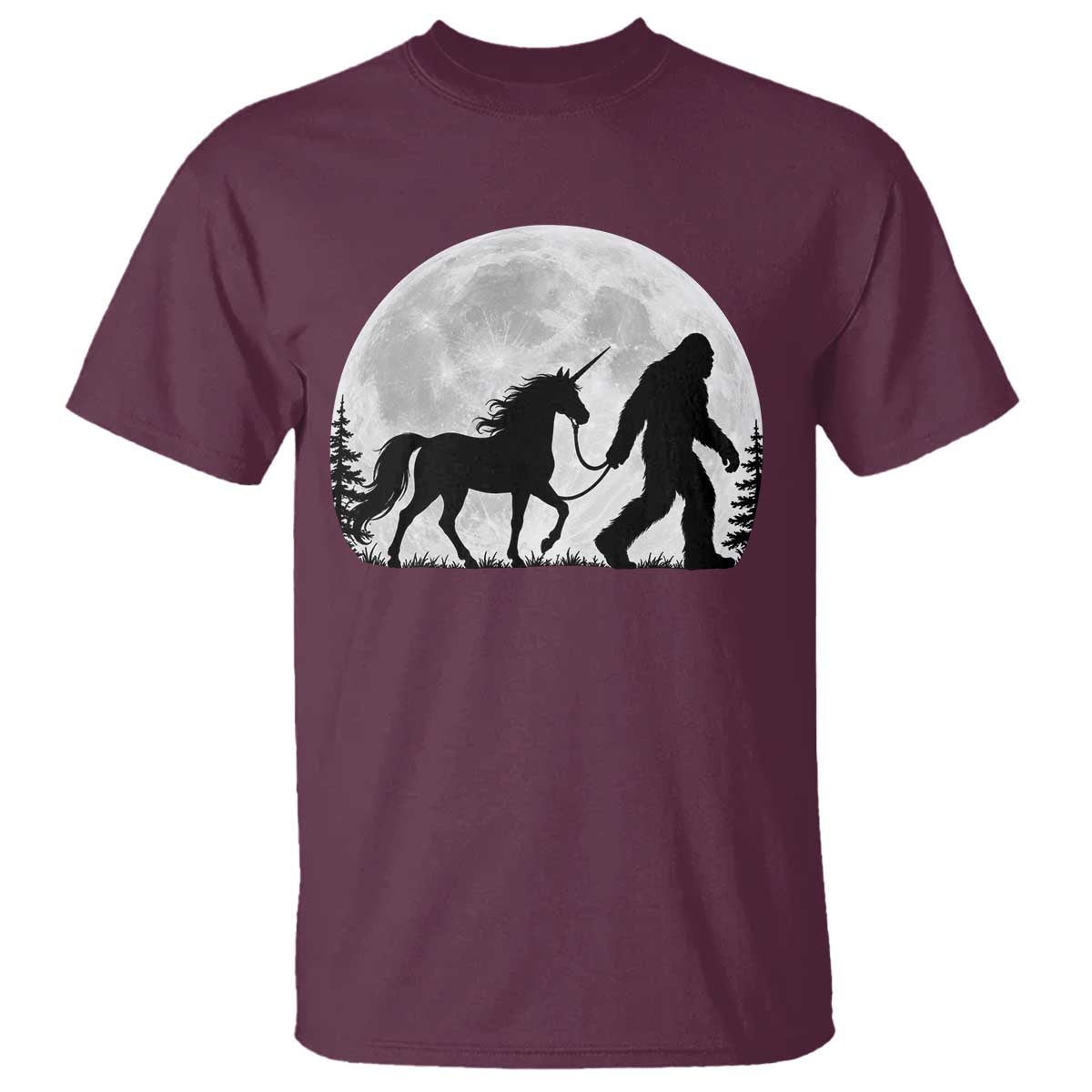 Bigfoot Walking Unicorn T Shirt Full Moon Sasquatch Fantasy Forest Silhouette