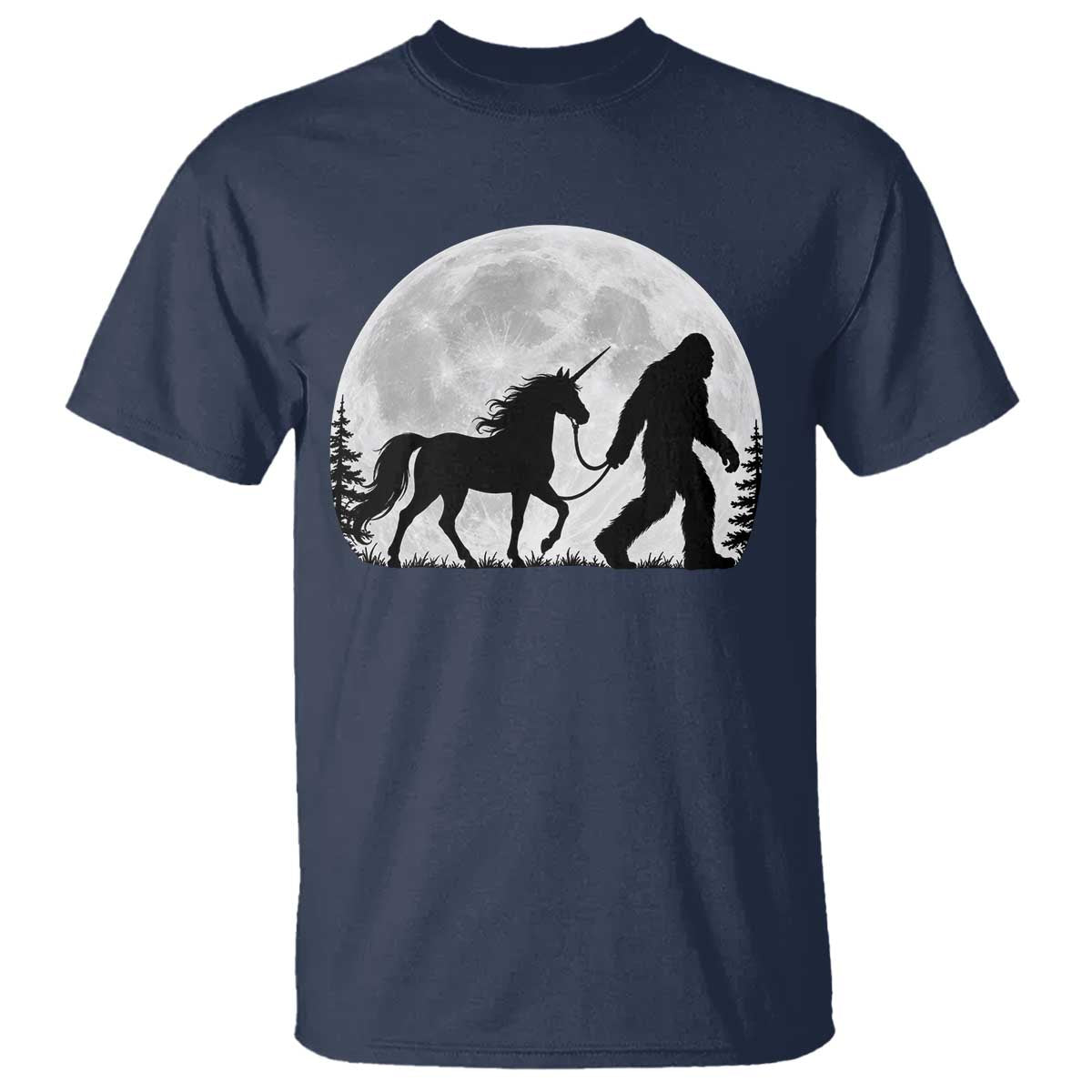 Bigfoot Walking Unicorn T Shirt Full Moon Sasquatch Fantasy Forest Silhouette