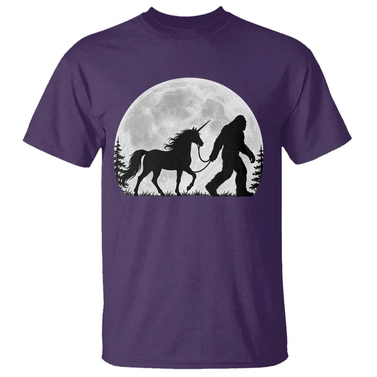 Bigfoot Walking Unicorn T Shirt Full Moon Sasquatch Fantasy Forest Silhouette